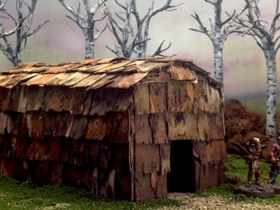A longhouse model using real birch bark.